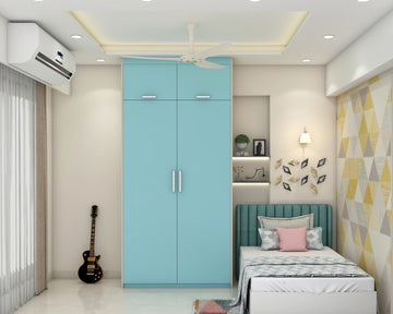 Compact Kid's Bedroom Design With Refreshing Blue Wardrobe And Bed